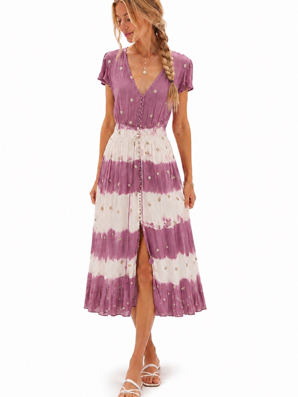 V-Neck Mauve and White Tie-Dye Midi Dress with Button Front